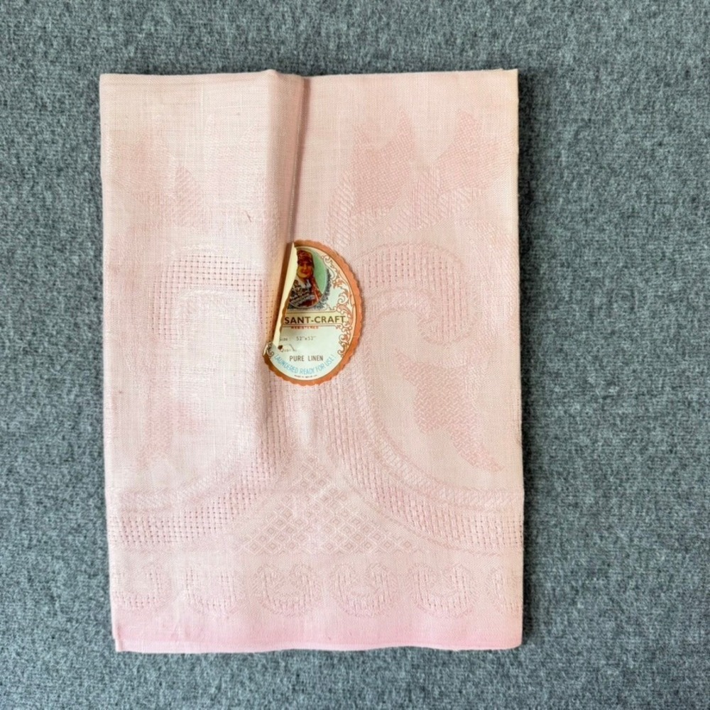 Vintage Peasant-Craft Pink Linen Damask Tablecloth 52x52 Made in Belgium NOS